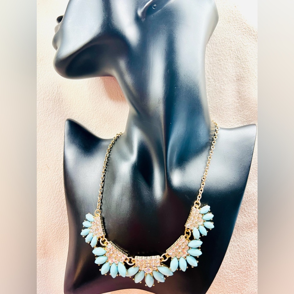 J Crew Women Pastel Blue Foral Petals Clear Rhinestones Collar Necklace